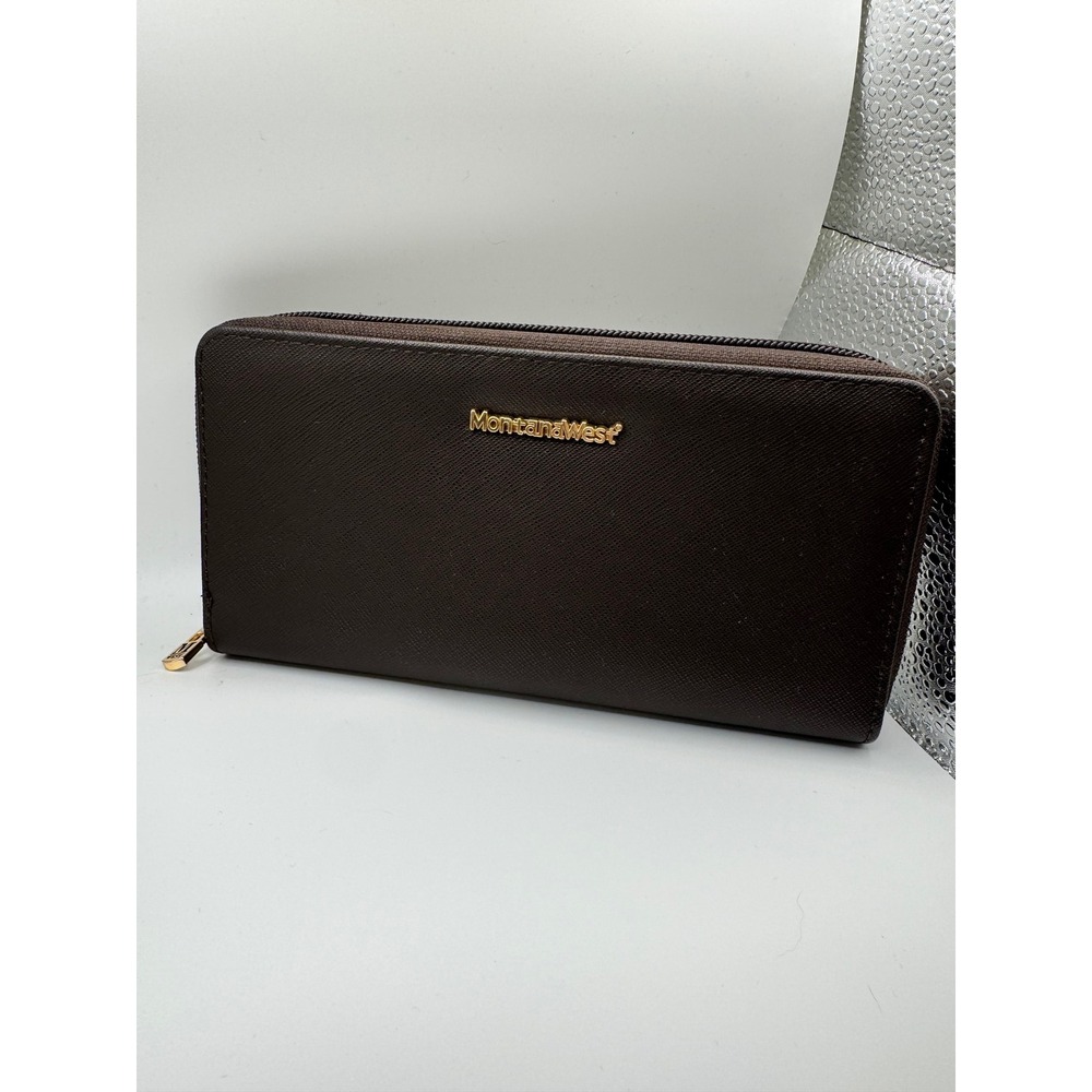 Montana West Brown Saffiano Leather Zip Around Wallet Gold Hardware NWOT